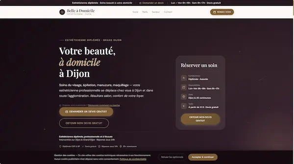 Capture d'écran du site démo Esthéticienne à domicile : Profil type esthéticienne, prestations à domicile.