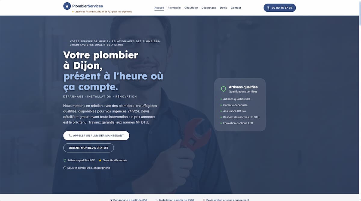 Capture d'écran du site Plombier-Services.fr : Site pour une entreprise de plomberie à Dijon.