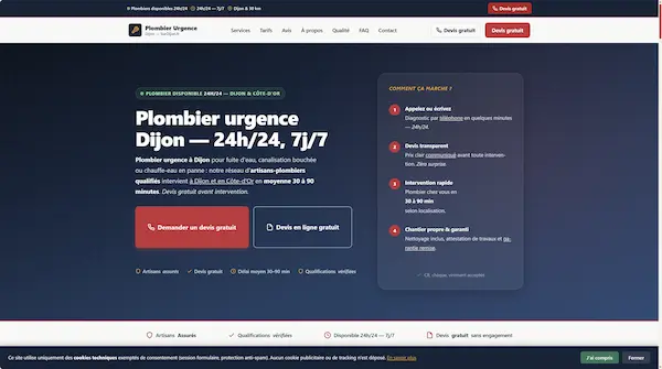 Capture d'écran du site démo Plombier urgence : Profil type plombier avec intervention d'urgence.