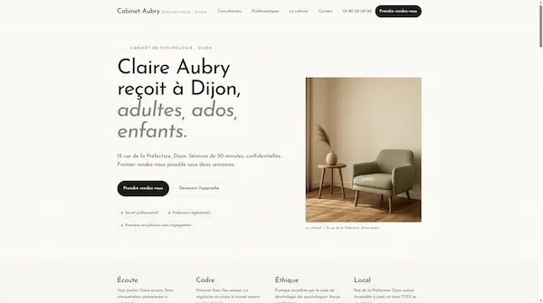 Capture d'écran du site démo Psychologue : Profil type psychologue : présentation, consultations, prise de rendez-vous.